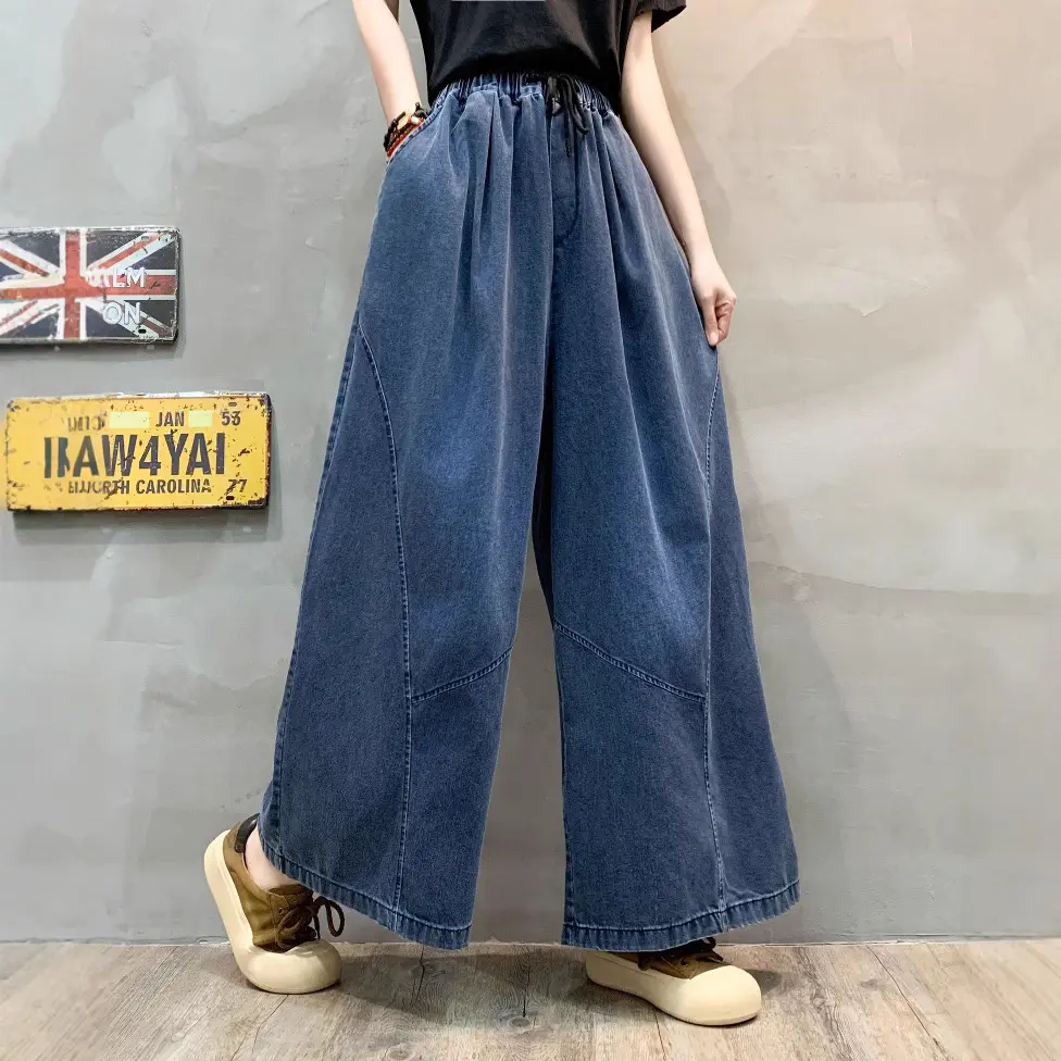 Mom Jeans Denim Pant Women Long Wide Leg Pants Lace Up Elastic Waist Straight Trousers Y2k Streetwear Elegant Splice Spring