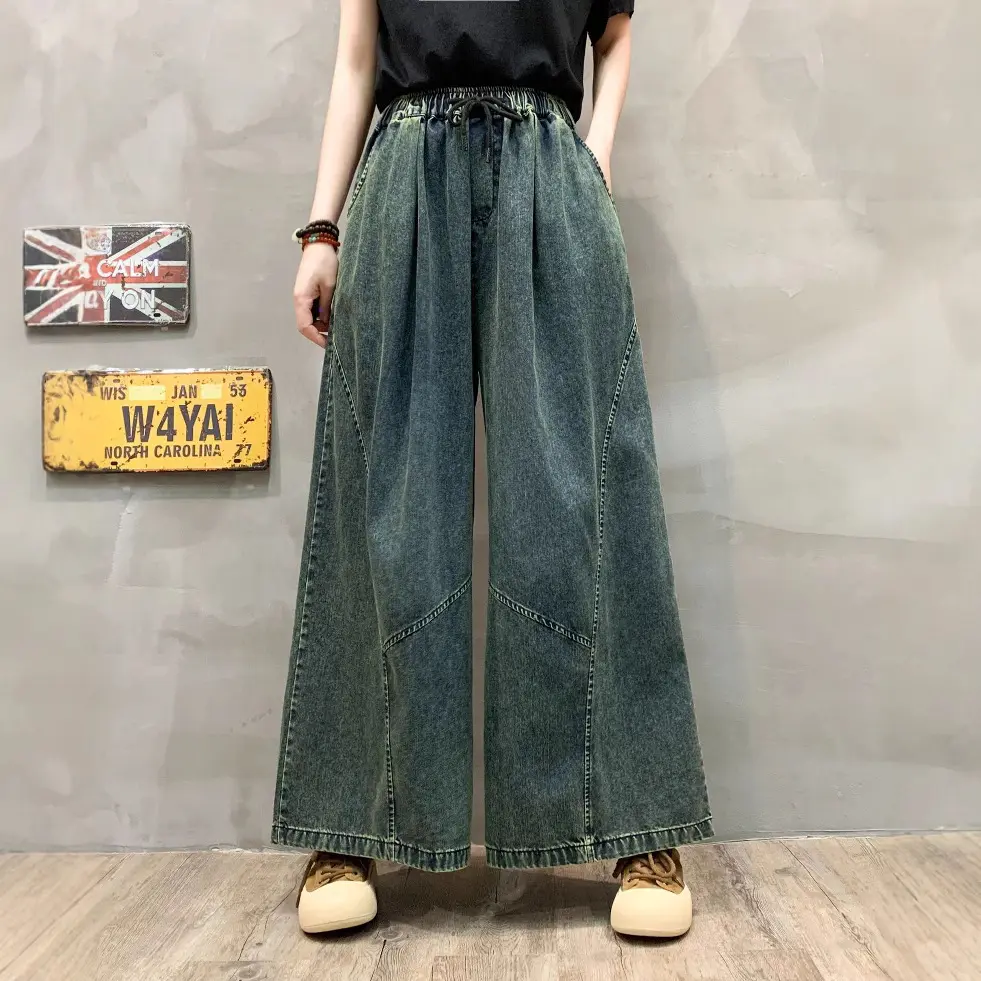 Mom Jeans Denim Pant Women Long Wide Leg Pants Lace Up Elastic Waist Straight Trousers Y2k Streetwear Elegant Splice Spring
