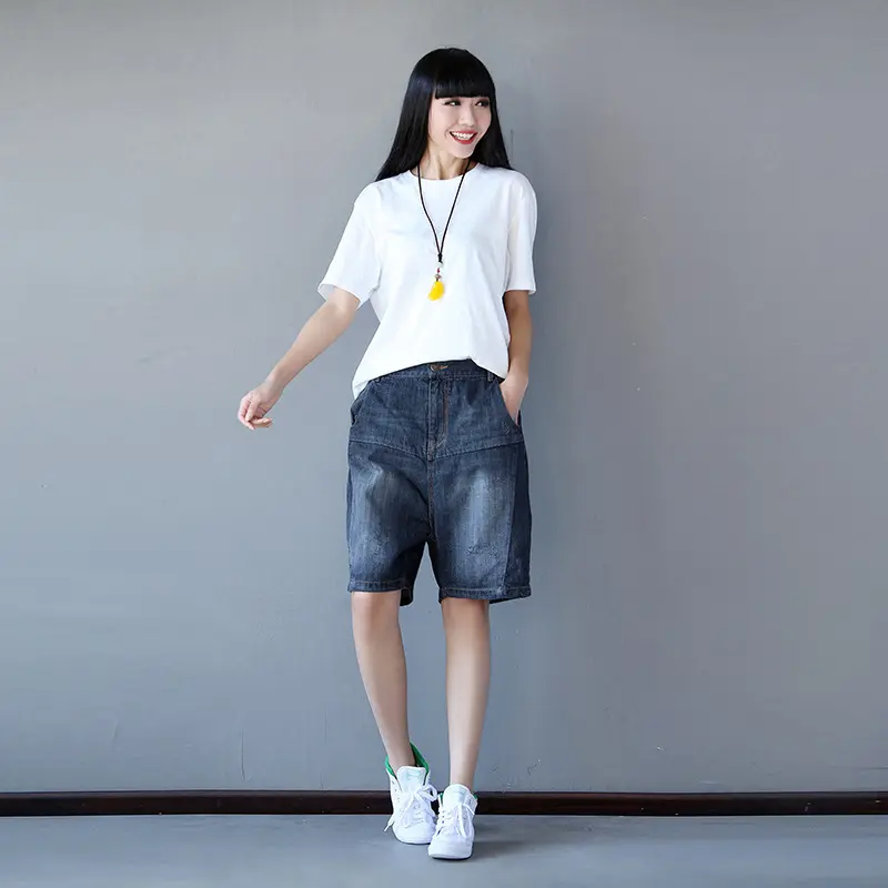 Denim Pant Women Mom Jeans Wide Leg Mid Length Pants High Waist Straight Trousers Y2k Streetwear Elegant Splice Casual Loose
