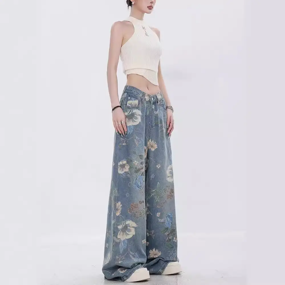 Women Denim Pants Jeans Wide Leg Floor Length Pants Print Floral High Waist Straight Trousers Y2k Streetwear Splice Mom Jeans