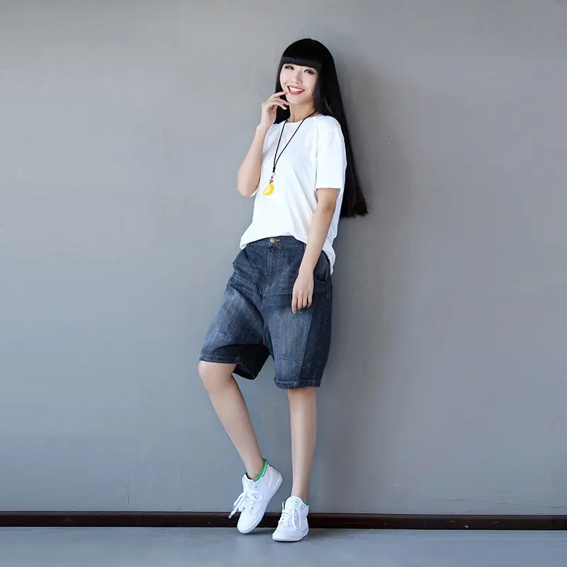 Denim Pant Women Mom Jeans Wide Leg Mid Length Pants High Waist Straight Trousers Y2k Streetwear Elegant Splice Casual Loose