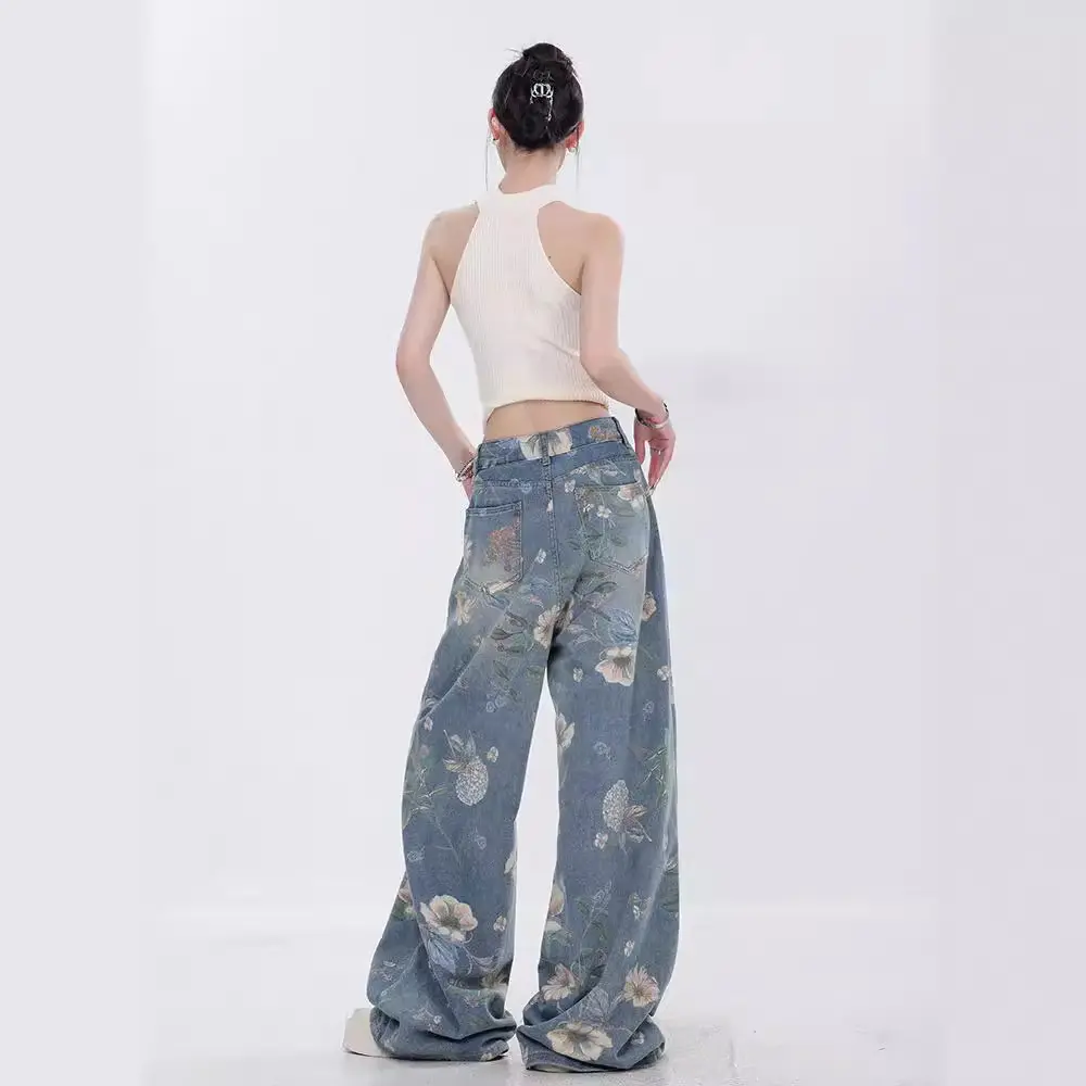 Women Denim Pants Jeans Wide Leg Floor Length Pants Print Floral High Waist Straight Trousers Y2k Streetwear Splice Mom Jeans