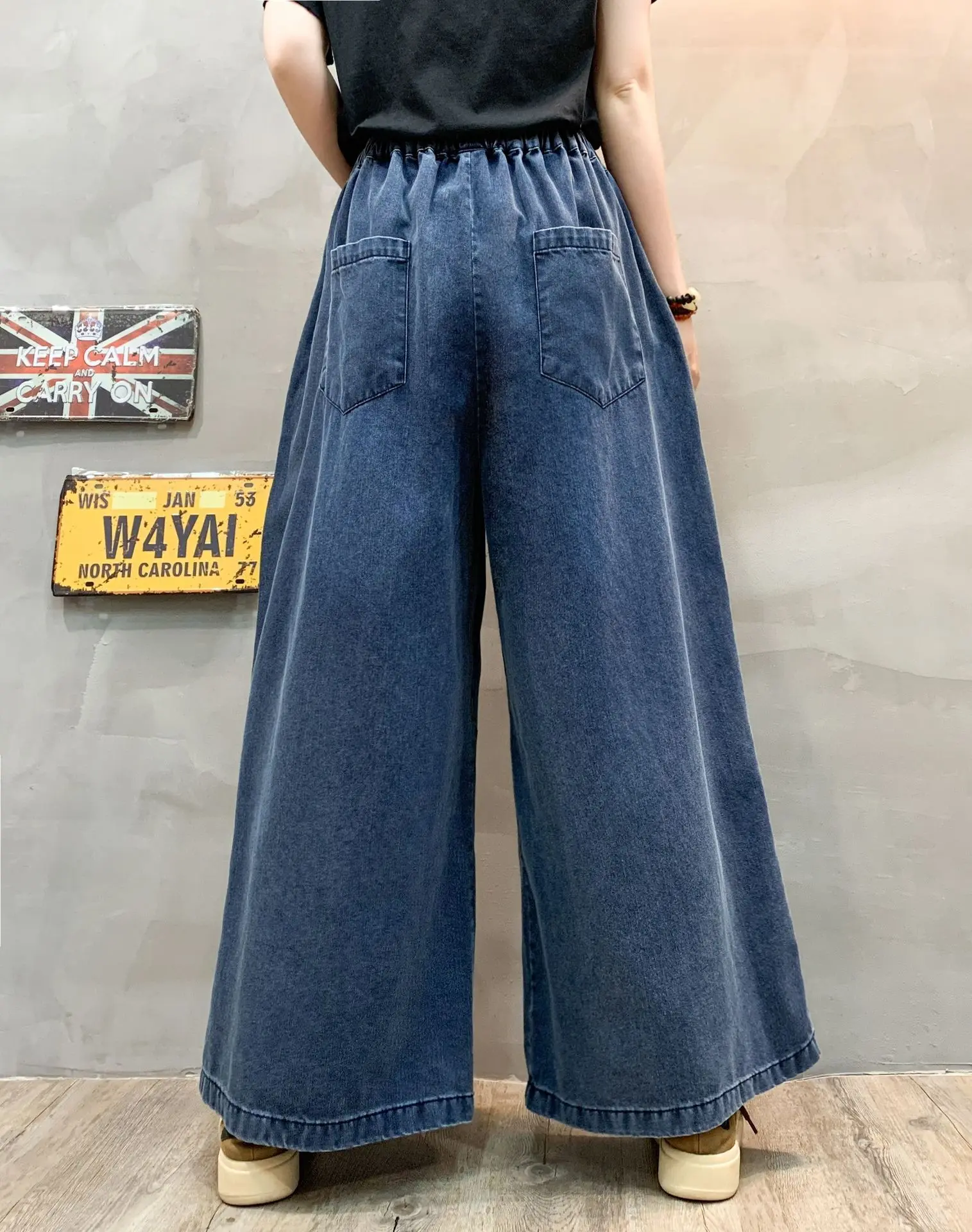 Mom Jeans Denim Pant Women Long Wide Leg Pants Lace Up Elastic Waist Straight Trousers Y2k Streetwear Elegant Splice Spring