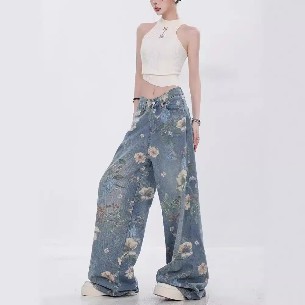 Women Denim Pants Jeans Wide Leg Floor Length Pants Print Floral High Waist Straight Trousers Y2k Streetwear Splice Mom Jeans