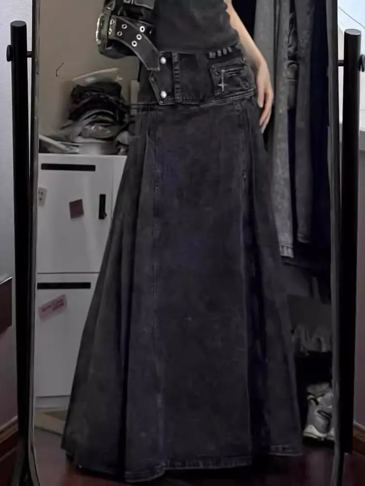 Denim Skirts Women Long Skirt A Line Slim High Waist Sexy Y2k Streetwear Elegant Splice Party Club Pocket Button 2025 Vintage