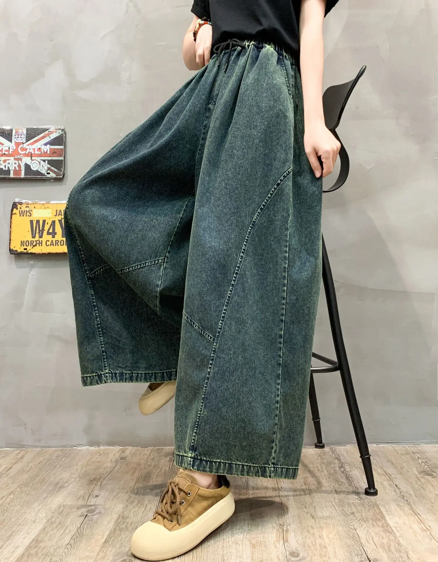 Mom Jeans Denim Pant Women Long Wide Leg Pants Lace Up Elastic Waist Straight Trousers Y2k Streetwear Elegant Splice Spring