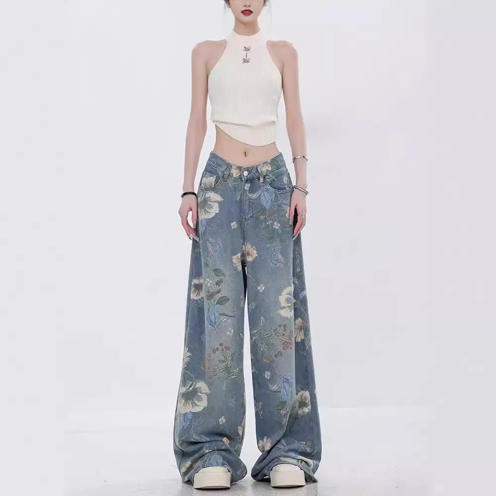 Women Denim Pants Jeans Wide Leg Floor Length Pants Print Floral High Waist Straight Trousers Y2k Streetwear Splice Mom Jeans