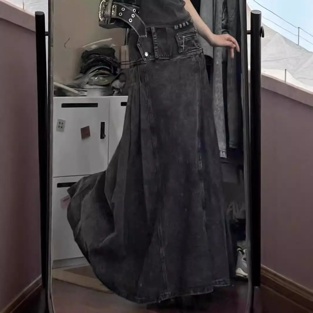 Denim Skirts Women Long Skirt A Line Slim High Waist Sexy Y2k Streetwear Elegant Splice Party Club Pocket Button 2025 Vintage