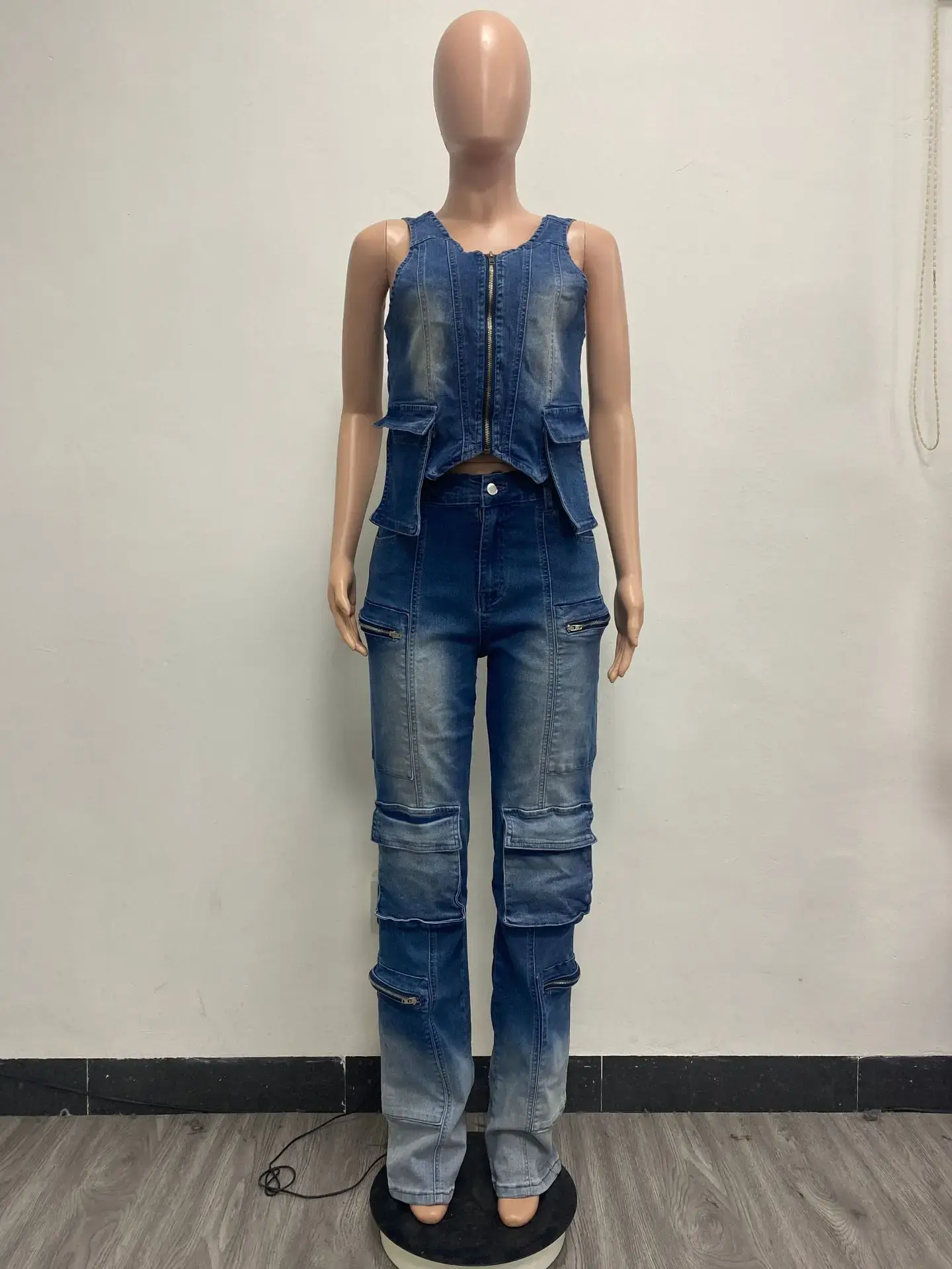Denim Two Piece Set Women Streetwear Vest Wide Leg Pants Sets V Neck Matching Sets Mom Jeans Pockets Trousers Outfits Sexy Party