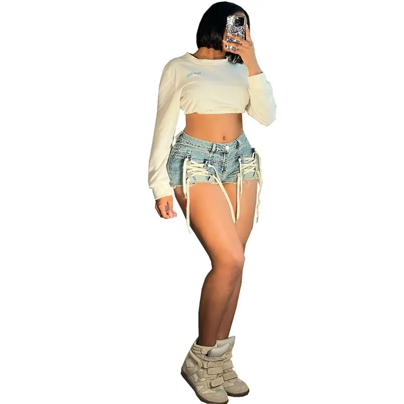 Jeans Denim Pant Women Shorts Short Pants Slim Fit High Waist Lace Up Trousers Y2k Streetwear Elegant Mom Jeans Summer 2025