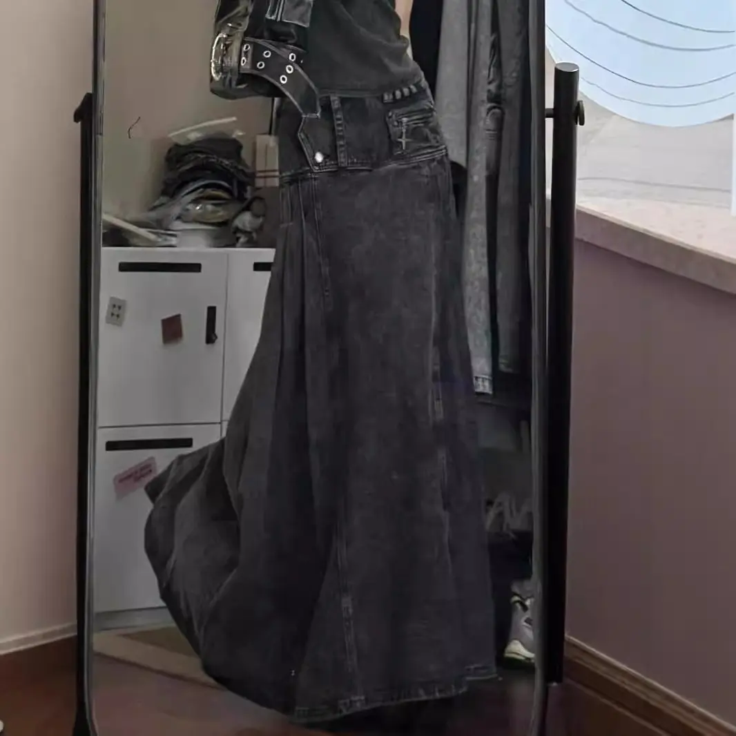 Denim Skirts Women Long Skirt A Line Slim High Waist Sexy Y2k Streetwear Elegant Splice Party Club Pocket Button 2025 Vintage