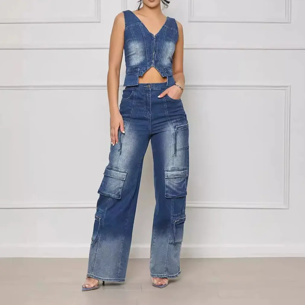 Denim Two Piece Set Women Streetwear Vest Wide Leg Pants Sets V Neck Matching Sets Mom Jeans Pockets Trousers Outfits Sexy Party
