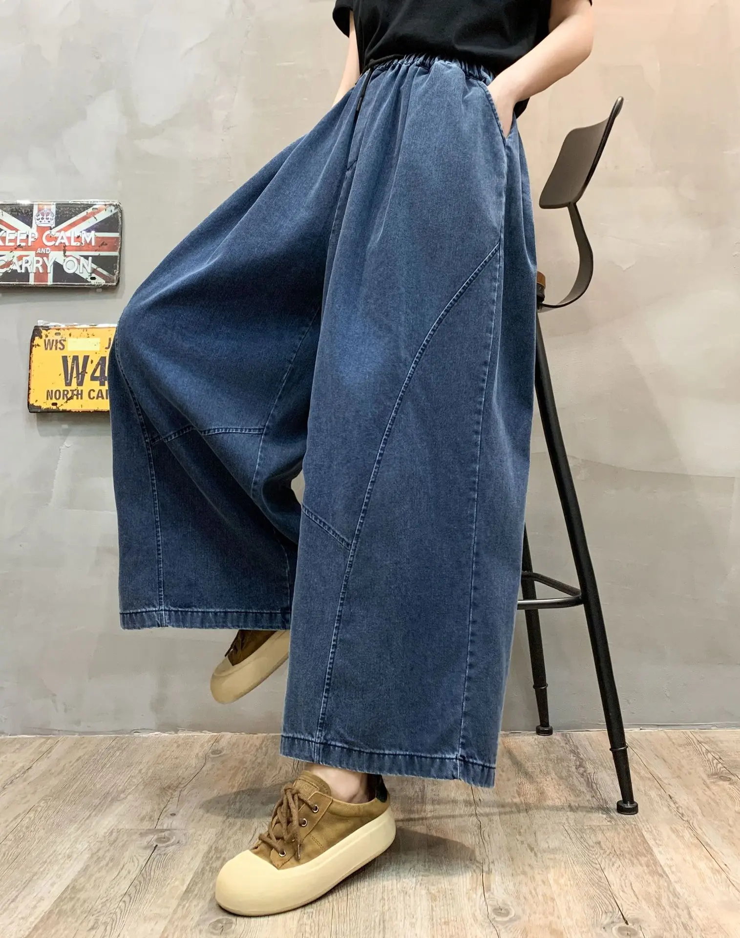 Mom Jeans Denim Pant Women Long Wide Leg Pants Lace Up Elastic Waist Straight Trousers Y2k Streetwear Elegant Splice Spring