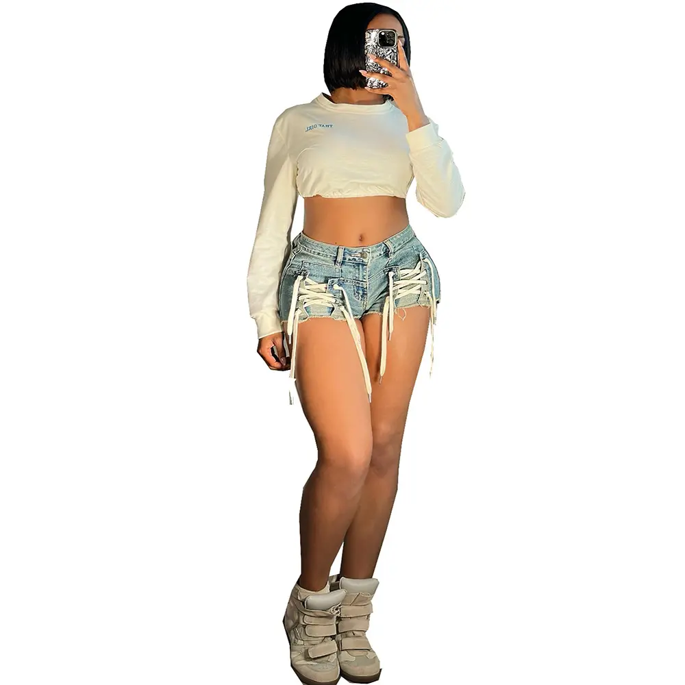 Jeans Denim Pant Women Shorts Short Pants Slim Fit High Waist Lace Up Trousers Y2k Streetwear Elegant Mom Jeans Summer 2025
