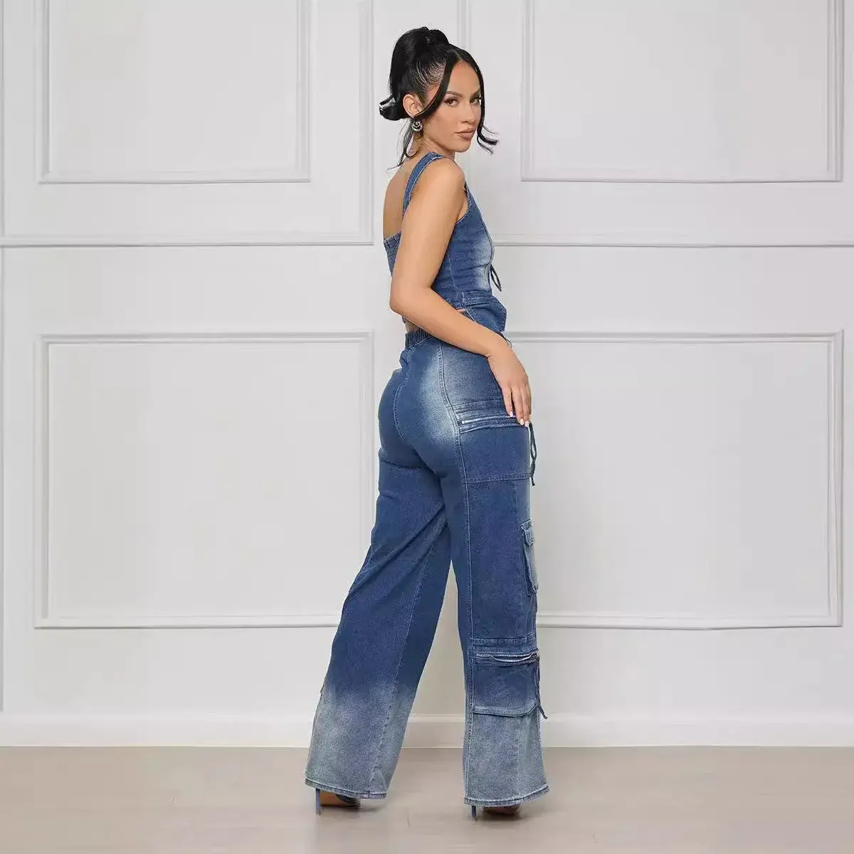 Denim Two Piece Set Women Streetwear Vest Wide Leg Pants Sets V Neck Matching Sets Mom Jeans Pockets Trousers Outfits Sexy Party