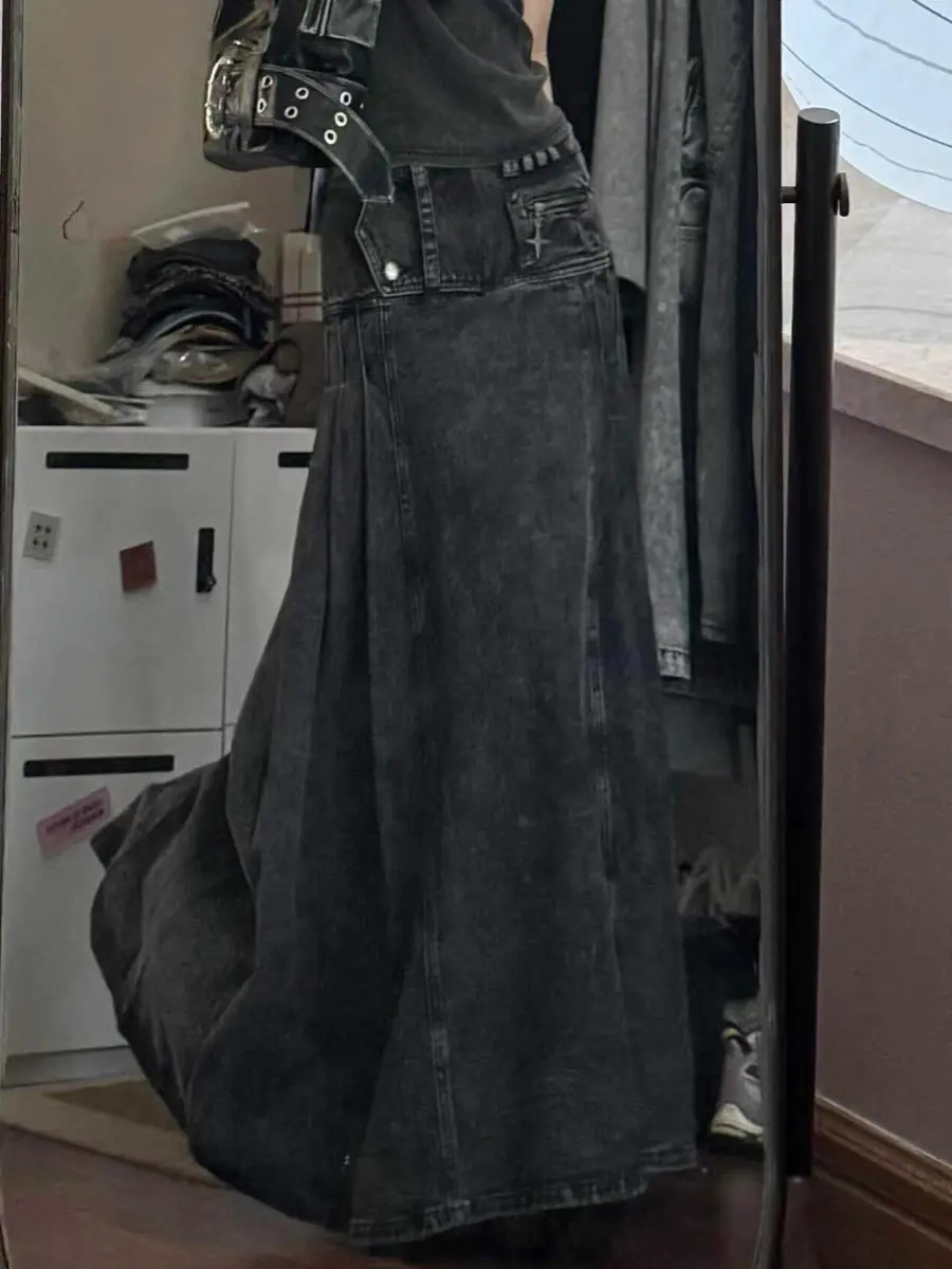 Denim Skirts Women Long Skirt A Line Slim High Waist Sexy Y2k Streetwear Elegant Splice Party Club Pocket Button 2025 Vintage