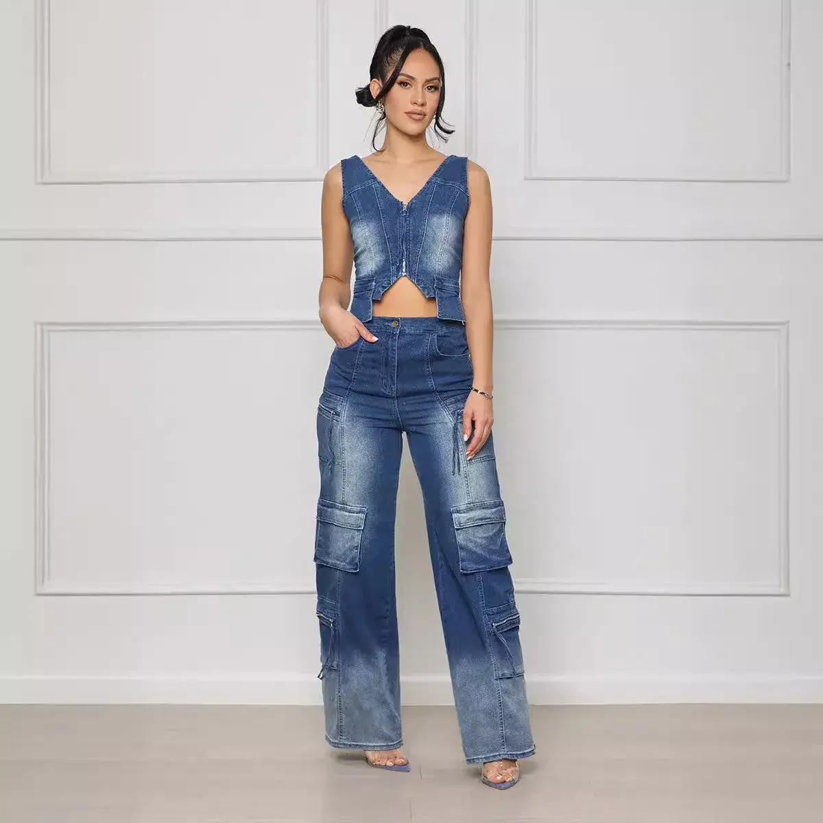 Denim Two Piece Set Women Streetwear Vest Wide Leg Pants Sets V Neck Matching Sets Mom Jeans Pockets Trousers Outfits Sexy Party