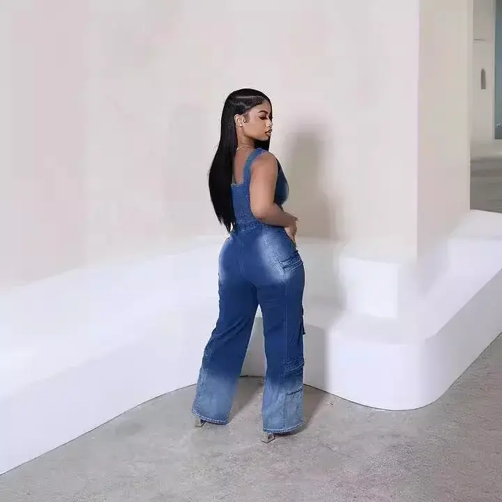 Denim Two Piece Set Women Streetwear Vest Wide Leg Pants Sets V Neck Matching Sets Mom Jeans Pockets Trousers Outfits Sexy Party