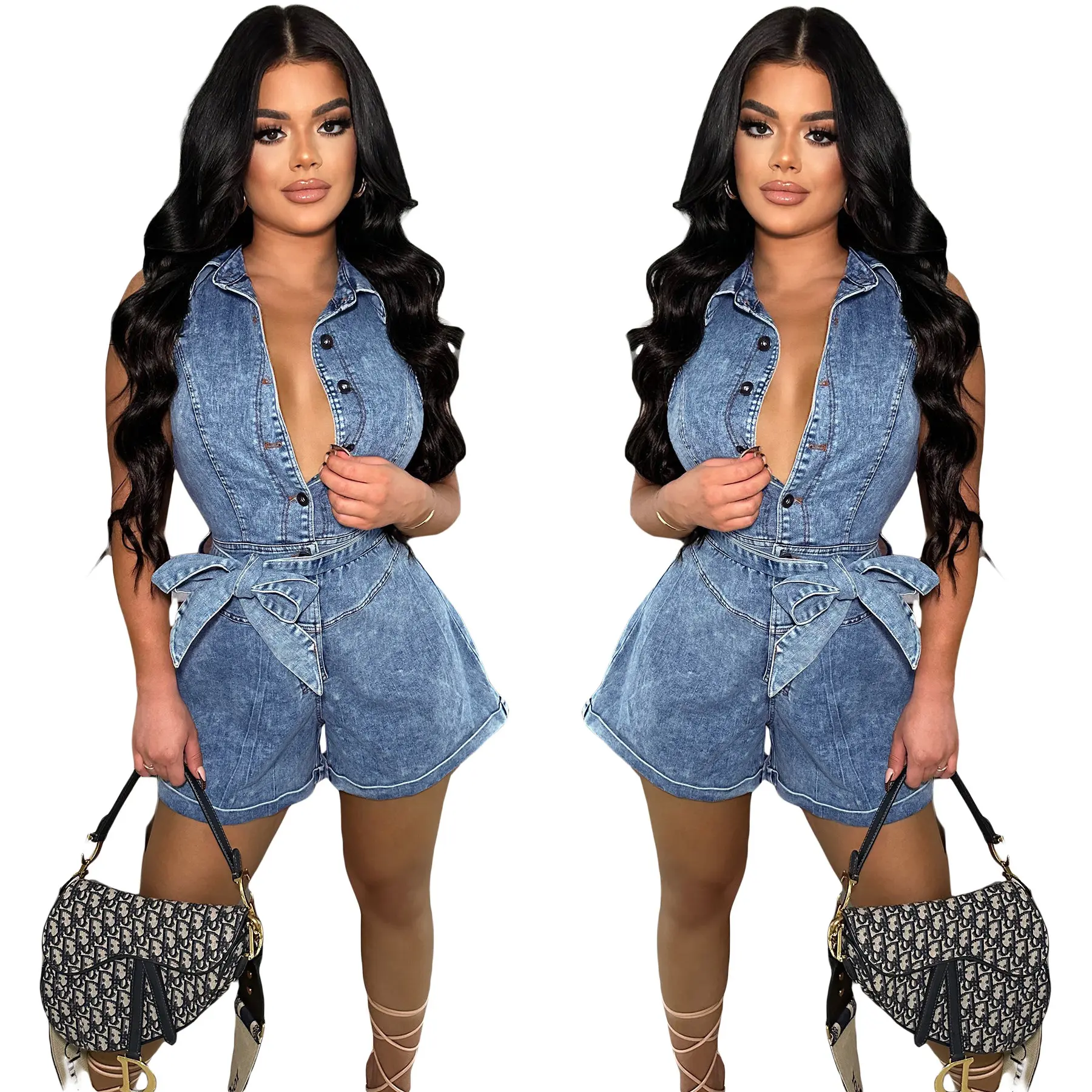 Demin Overalls Women Sleeveless One Piece Short Pants Jumpsuits Lace Up High Waist Rompers Mom Jeans Y2k Streetwear 2025 Club