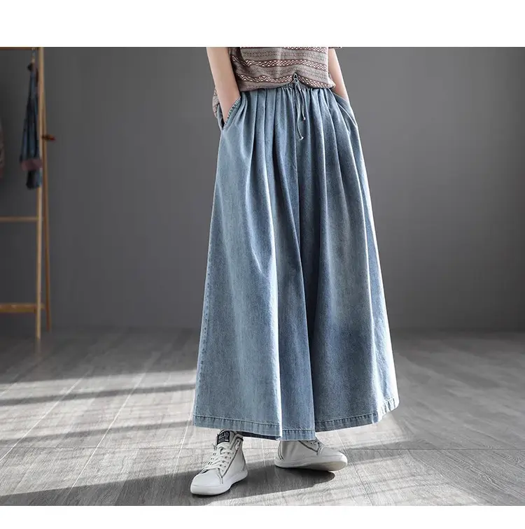 Denim Pant Women Jeans Wide Leg Long Pants Lace Up Elastic Waist Straight Trousers Y2k Streetwear Casual Loose Mom Jeans 2025