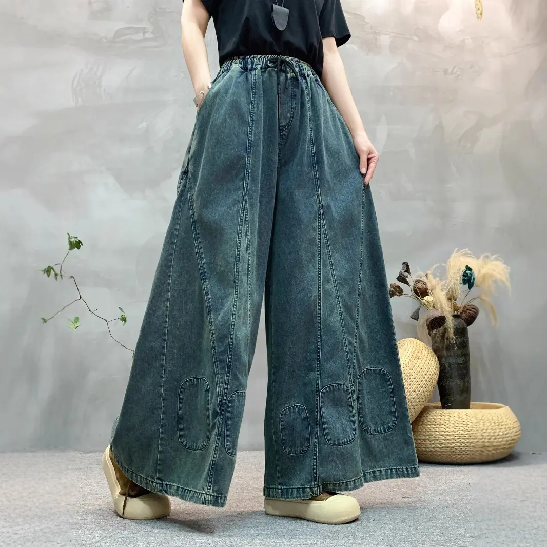 Long Jeans Women Denim Pant Y2k Wide Leg Pants Lace Up Elastic Waist Streetwear Mom Jeans Elegant Loose Straight Trousers Spring