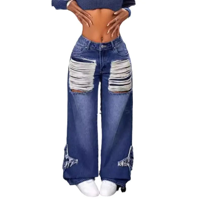 Denim Pant Women Jeans Wide Leg Long Pants Tassel High Waist Straight Trousers Y2k Streetwear Elegant Mom Jeans Party Loose