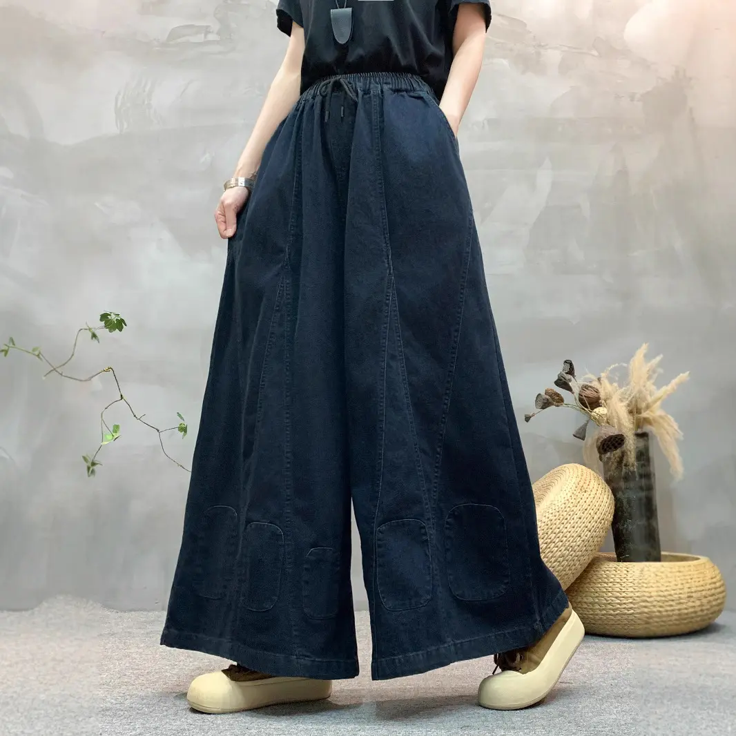 Long Jeans Women Denim Pant Y2k Wide Leg Pants Lace Up Elastic Waist Streetwear Mom Jeans Elegant Loose Straight Trousers Spring