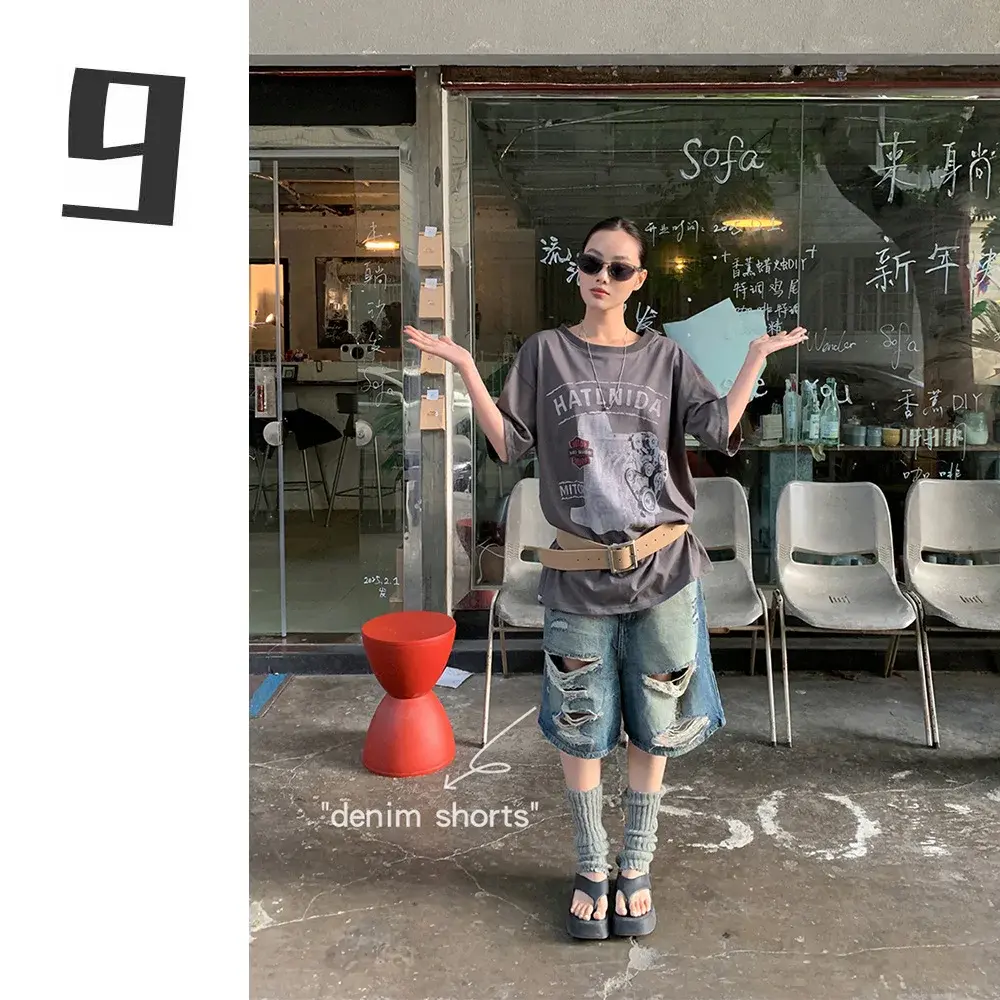 Hole Jeans Women Knee Length Wide Leg Pants Mom Ripped Straight Mid Waist Washed Distressed Shorts 2025 Summer Streetwear Denims