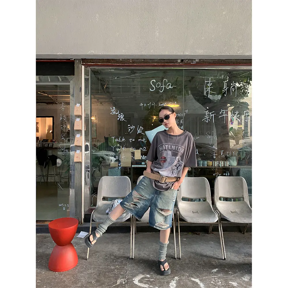Hole Jeans Women Knee Length Wide Leg Pants Mom Ripped Straight Mid Waist Washed Distressed Shorts 2025 Summer Streetwear Denims