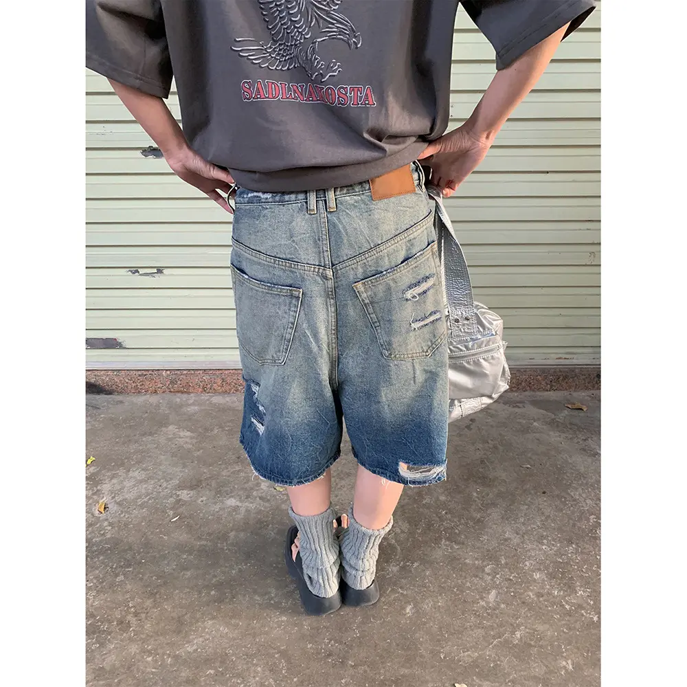 Hole Jeans Women Knee Length Wide Leg Pants Mom Ripped Straight Mid Waist Washed Distressed Shorts 2025 Summer Streetwear Denims