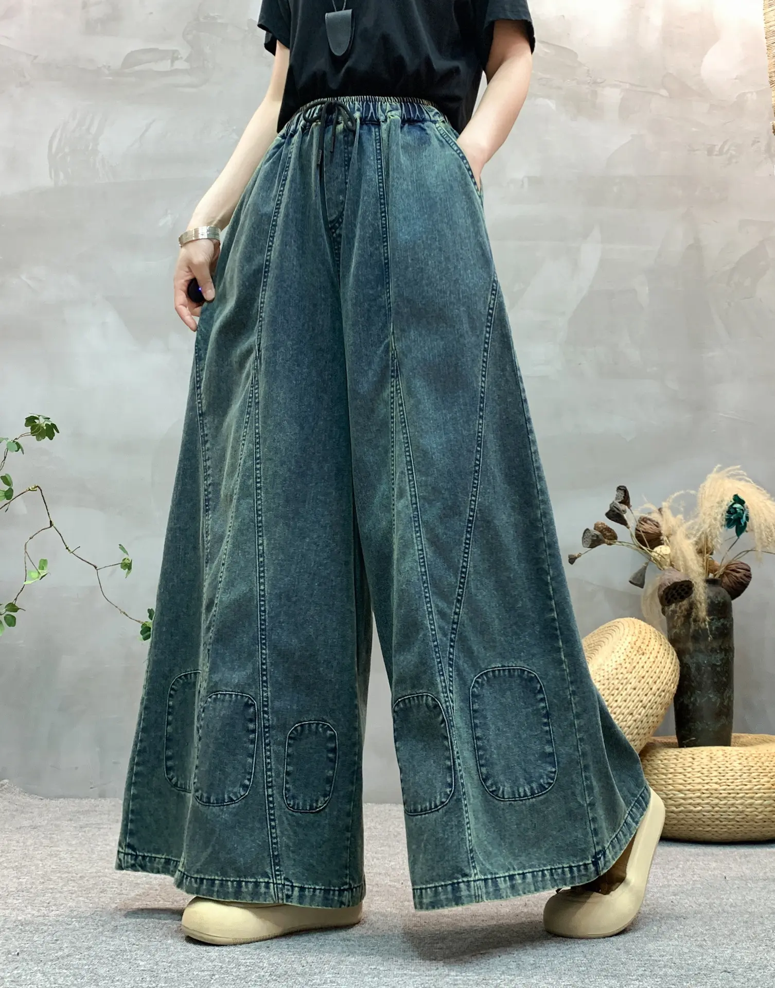 Long Jeans Women Denim Pant Y2k Wide Leg Pants Lace Up Elastic Waist Streetwear Mom Jeans Elegant Loose Straight Trousers Spring