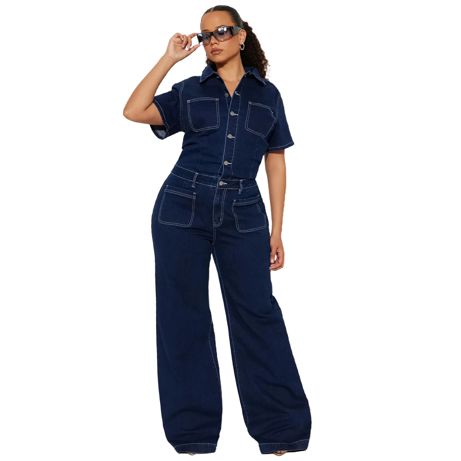 Demin Overalls Jumpsuits Women One Piece Short Sleeve Mom Jeans Wide Leg Long Pants High Waist Rompers Y2k Streetwear 2025
