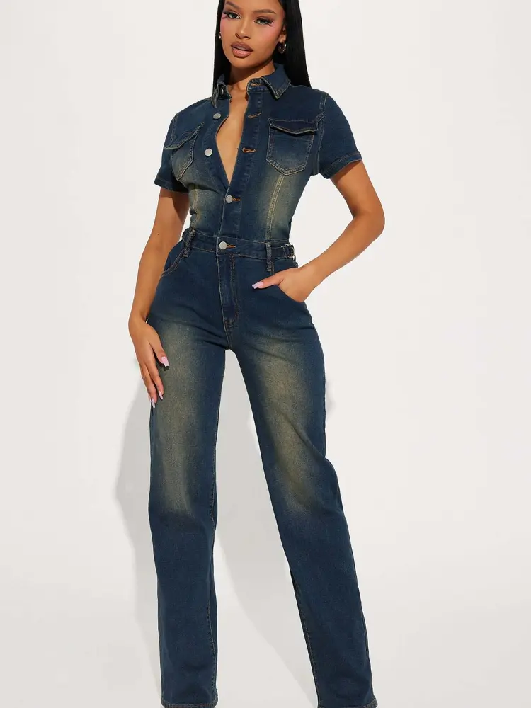 Demin Overalls Jumpsuits Women One Piece Mom Jeans Long Pants Short Sleeve High Waist Rompers Y2k Streetwear Casual Party