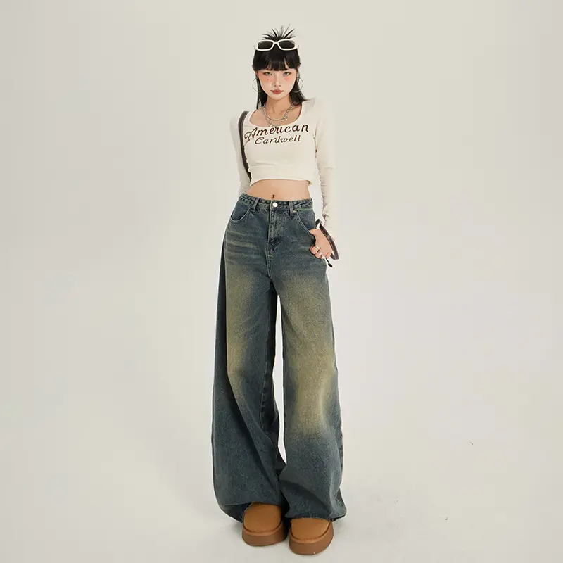 Mom Jeans Women Retro Color Block High Waist Straight Trouser Button Zipper Wide Leg Pant Y2k Streetwear Loose Denim Long Spring