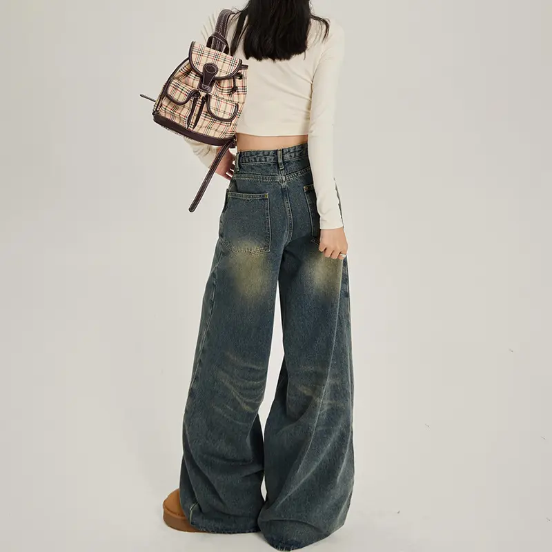 Mom Jeans Women Retro Color Block High Waist Straight Trouser Button Zipper Wide Leg Pant Y2k Streetwear Loose Denim Long Spring