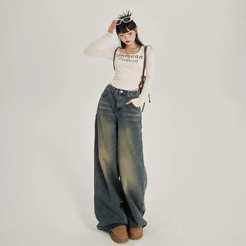 Mom Jeans Women Retro Color Block High Waist Straight Trouser Button Zipper Wide Leg Pant Y2k Streetwear Loose Denim Long Spring