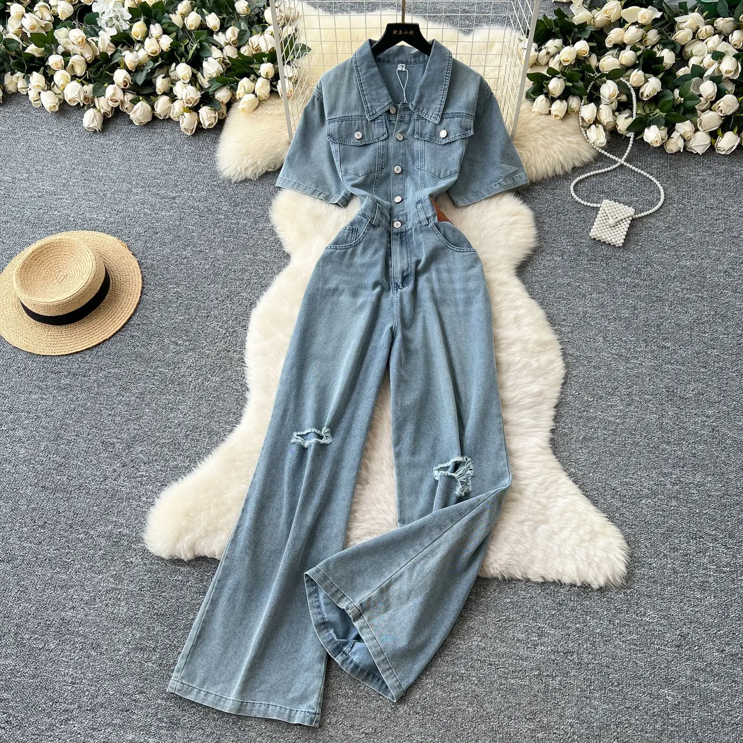 Denim Jumpsuits Women One Piece Short Sleeve Mom Jeans Elegant Overalls Long Pants High Waist Rompers Y2k Streetwear 2025