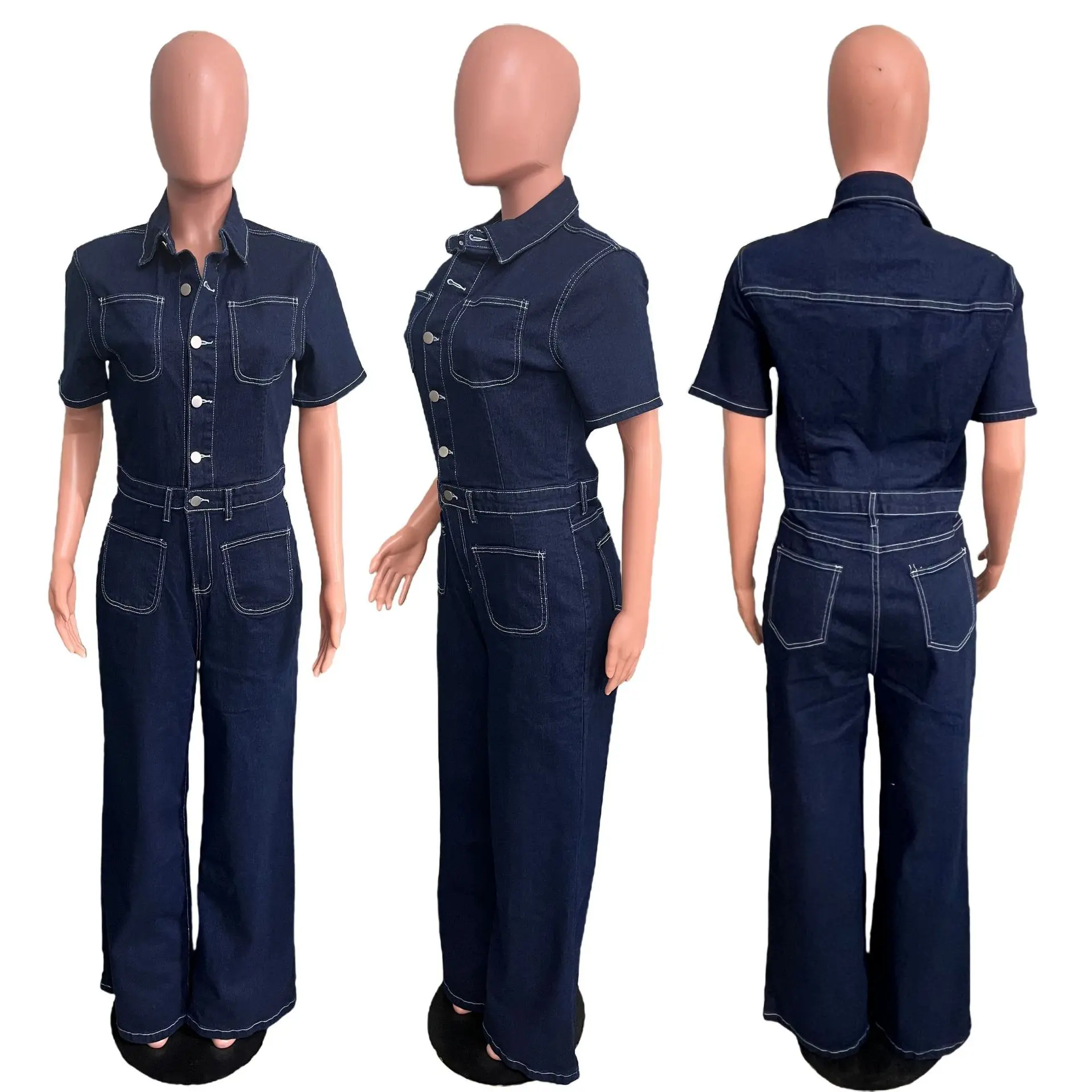 Demin Overalls Jumpsuits Women One Piece Short Sleeve Mom Jeans Wide Leg Long Pants High Waist Rompers Y2k Streetwear 2025