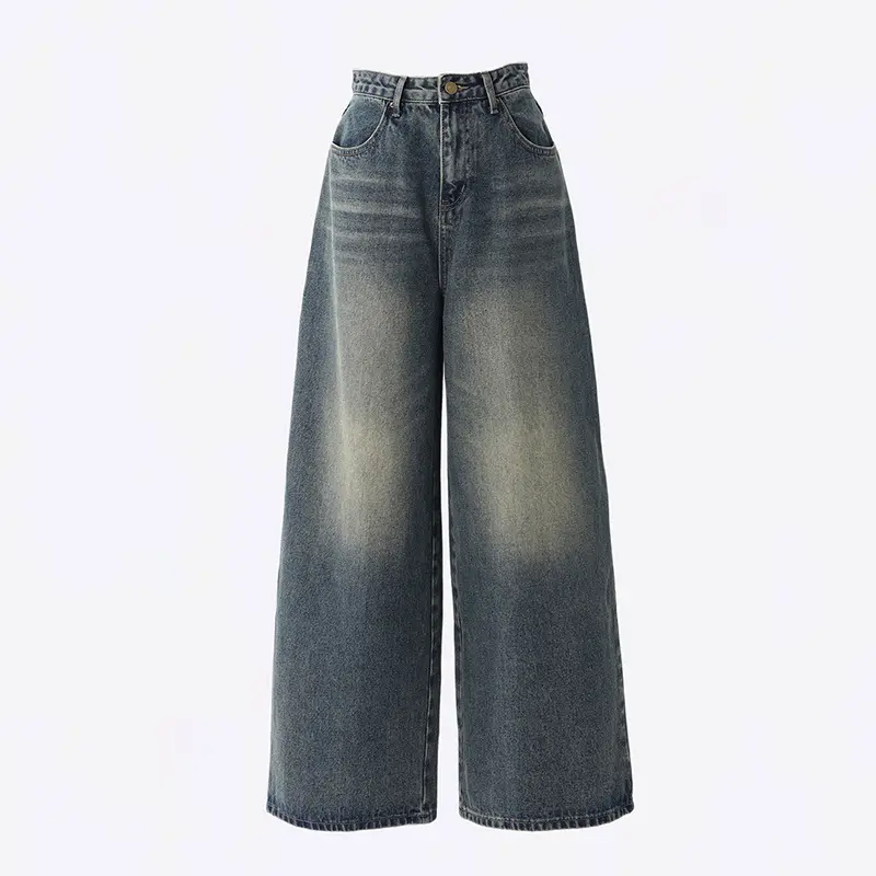 Mom Jeans Women Retro Color Block High Waist Straight Trouser Button Zipper Wide Leg Pant Y2k Streetwear Loose Denim Long Spring