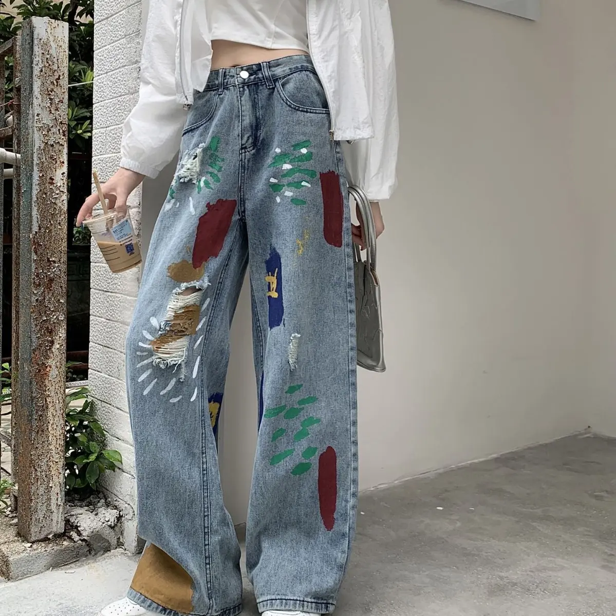 Jeans Women Denim Pant Wide Leg Long Pants Paint Mom Hole High Waist Straight Trousers Casual Y2k Streetwear Splice 2025 Club
