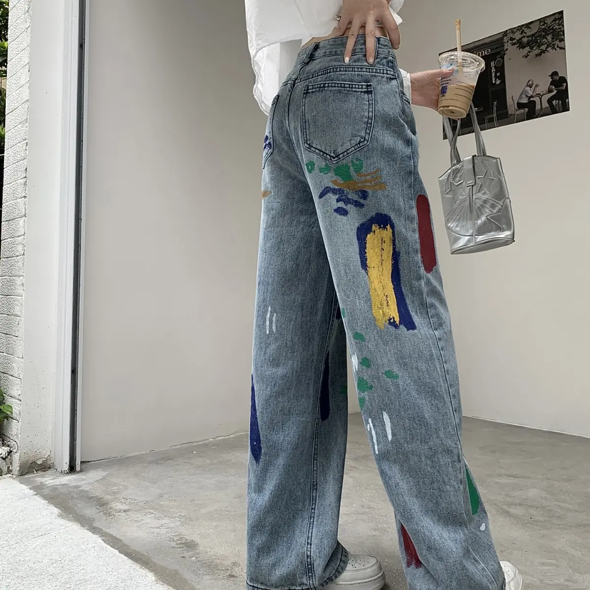 Jeans Women Denim Pant Wide Leg Long Pants Paint Mom Hole High Waist Straight Trousers Casual Y2k Streetwear Splice 2025 Club