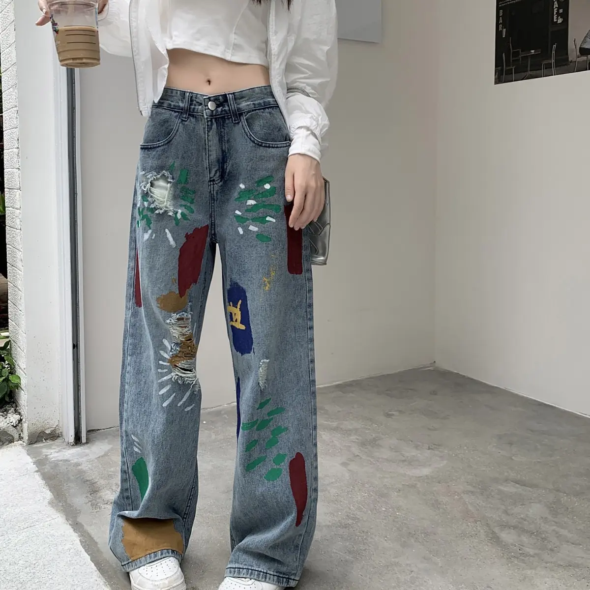 Jeans Women Denim Pant Wide Leg Long Pants Paint Mom Hole High Waist Straight Trousers Casual Y2k Streetwear Splice 2025 Club