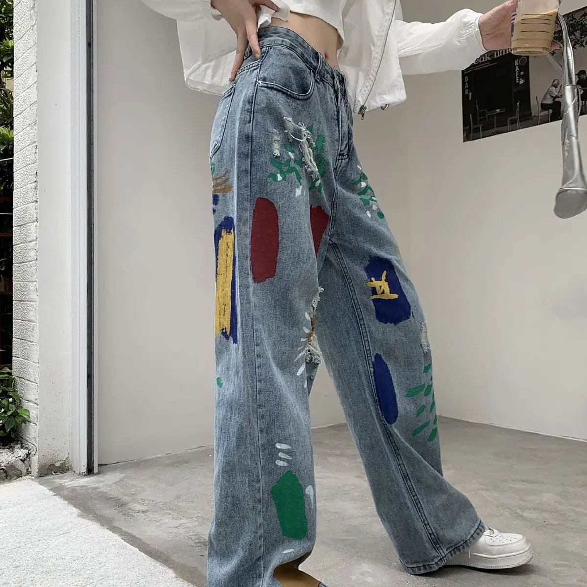 Jeans Women Denim Pant Wide Leg Long Pants Paint Mom Hole High Waist Straight Trousers Casual Y2k Streetwear Splice 2025 Club