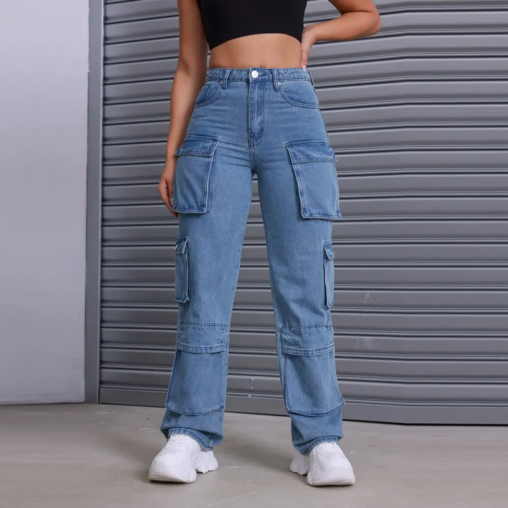 Cargo Mom Jeans Women Streetwear High Waist Trousers Casual Button Zip Pants Y2k Streetwear Denim Pockets 2025 Summer Pants