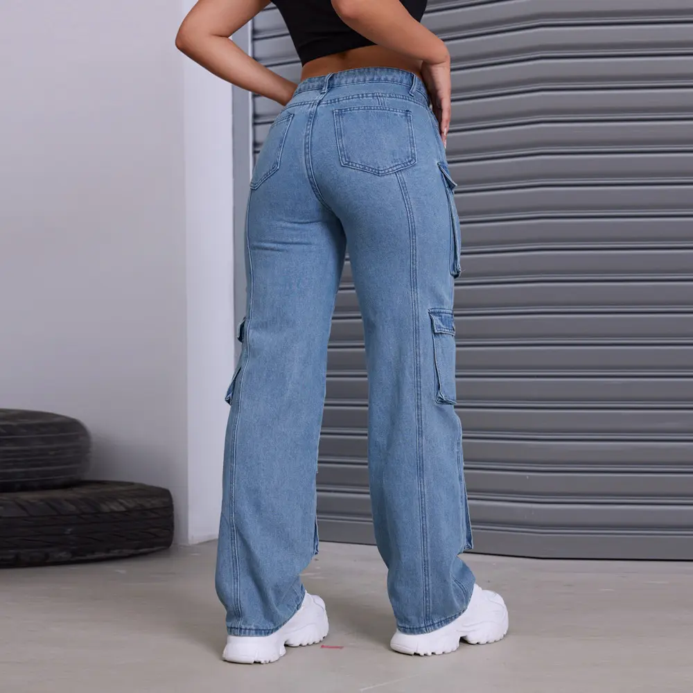 Cargo Mom Jeans Women Streetwear High Waist Trousers Casual Button Zip Pants Y2k Streetwear Denim Pockets 2025 Summer Pants