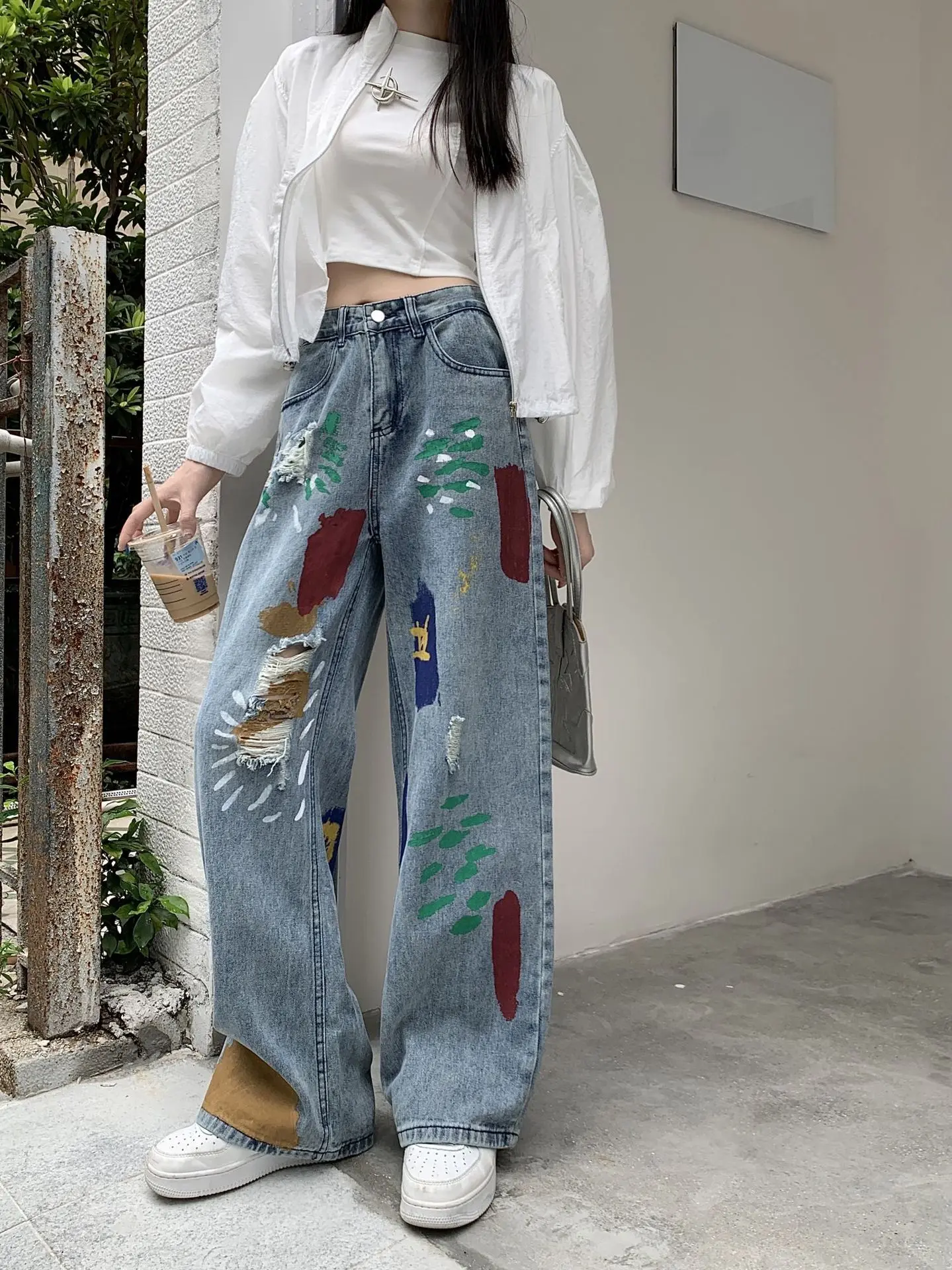 Jeans Women Denim Pant Wide Leg Long Pants Paint Mom Hole High Waist Straight Trousers Casual Y2k Streetwear Splice 2025 Club