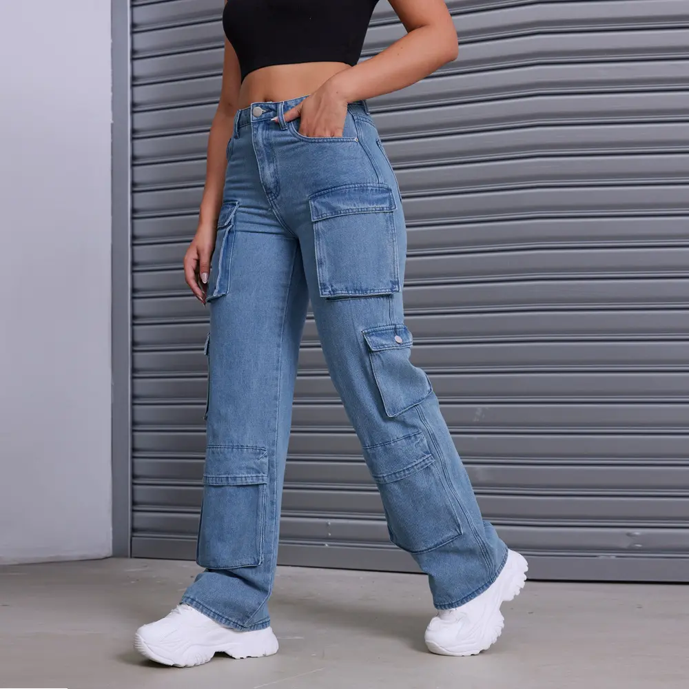 Cargo Mom Jeans Women Streetwear High Waist Trousers Casual Button Zip Pants Y2k Streetwear Denim Pockets 2025 Summer Pants