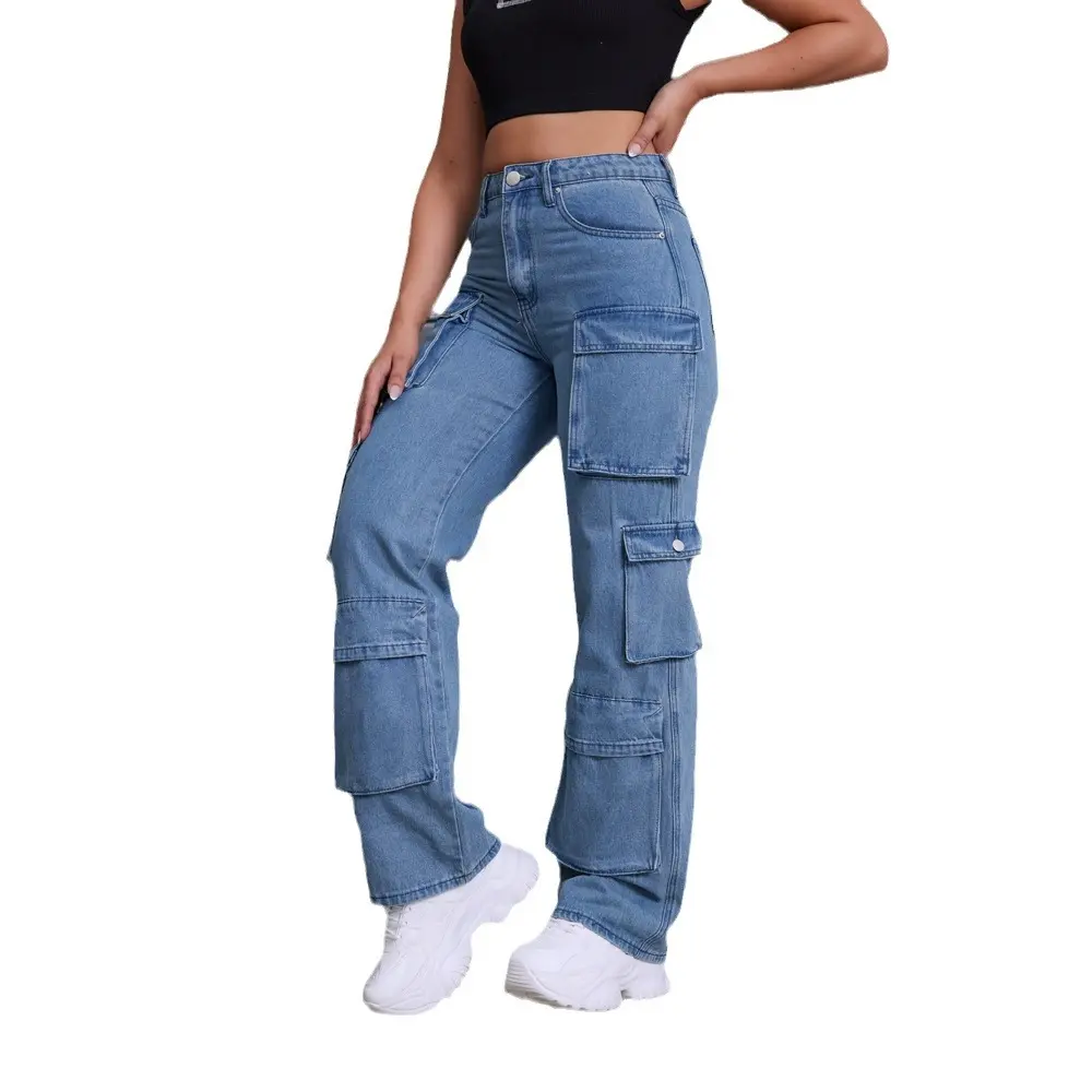 Cargo Mom Jeans Women Streetwear High Waist Trousers Casual Button Zip Pants Y2k Streetwear Denim Pockets 2025 Summer Pants