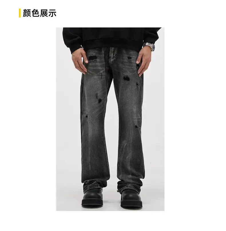 Men Jeans Denim Pant Straight Trousers Hole Long Pants Button Pocket High Waist Streetwear Punk Casual Gothic 2025 Summer