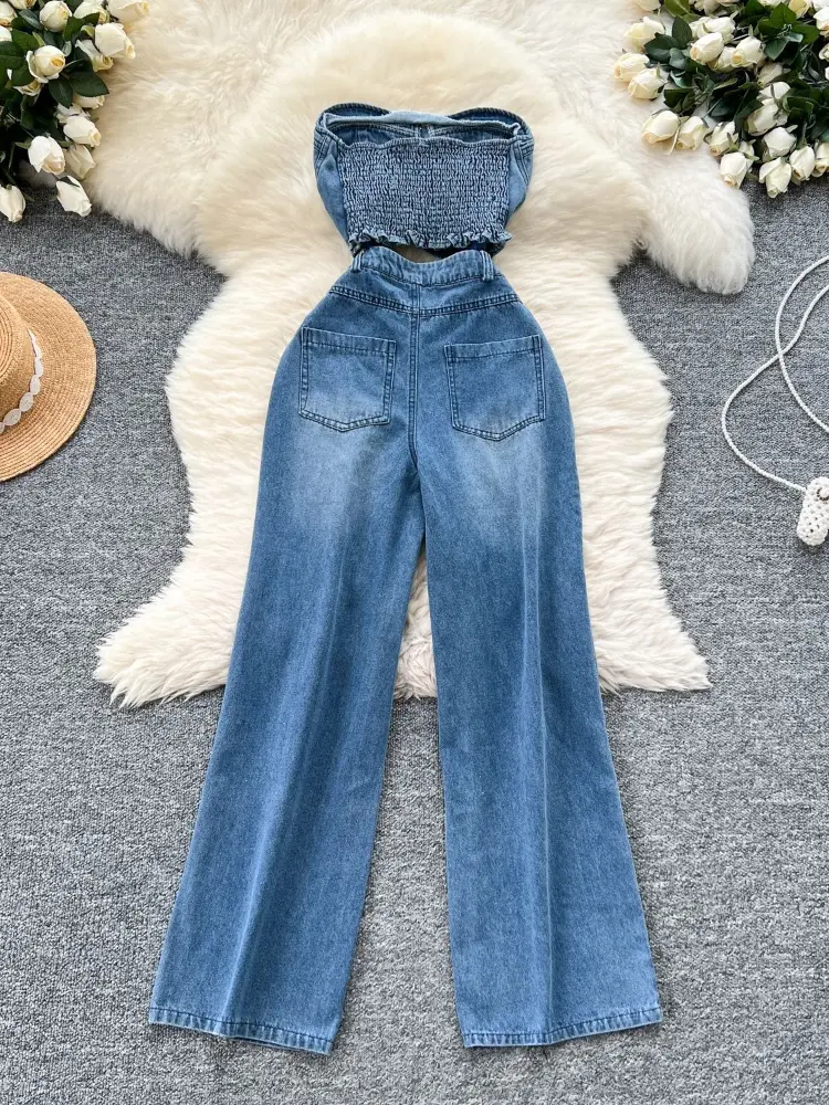 Denim Jumpsuits Women One Piece Strapless Sleeveless Overalls Long Pants High Waist Rompers Y2k Streetwear Mom Jeans 2025